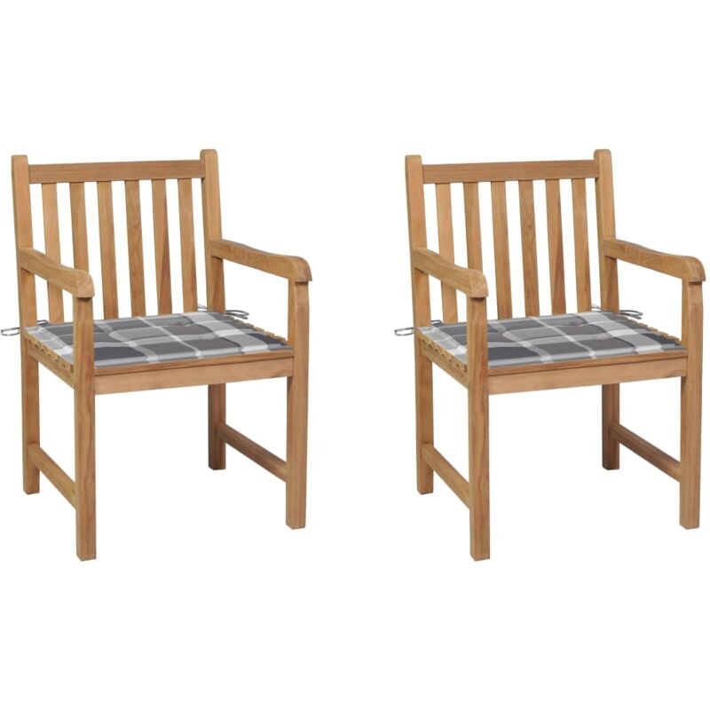 

vidaXL Sillas de jardín 2 uds madera de teca y cojines a cuadros gris - Marrón