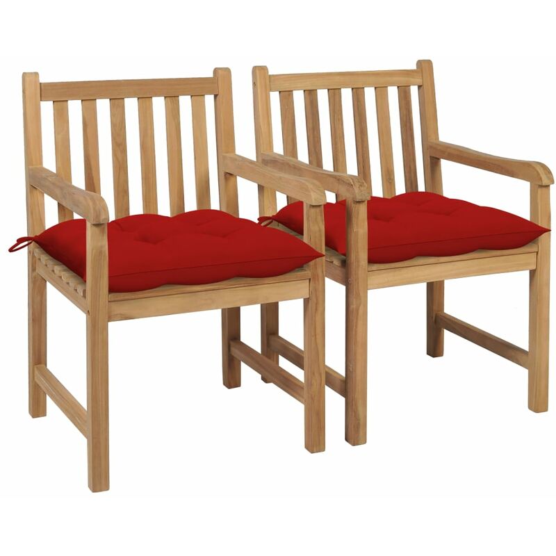 

vidaXL Sillas de jardín 2 uds madera maciza de teca con cojines rojos - Rojo