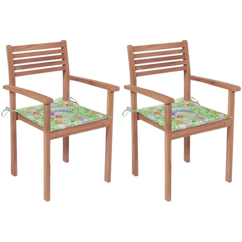 

vidaXL Sillas de jardín 2 uds madera teca con cojines estampado hojas - Marrón