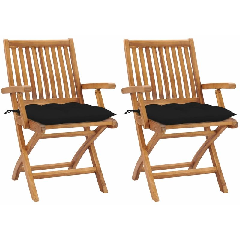 

vidaXL Sillas de jardín 2 unidades madera de teca con cojines negros - Negro