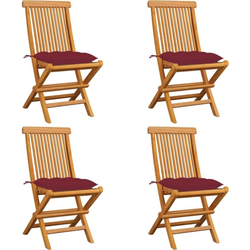 

vidaXL Sillas de jardín 4 uds con cojines rojo tinto madera de teca - Rojo