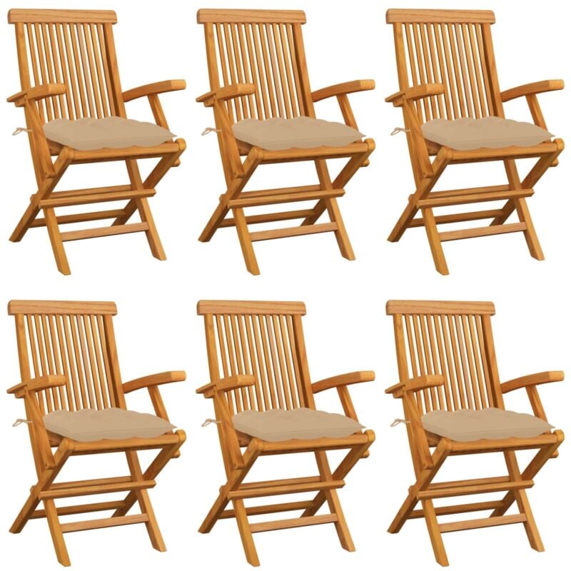 

vidaXL Sillas de jardín 6 uds madera maciza de teca con cojines beige - Beige