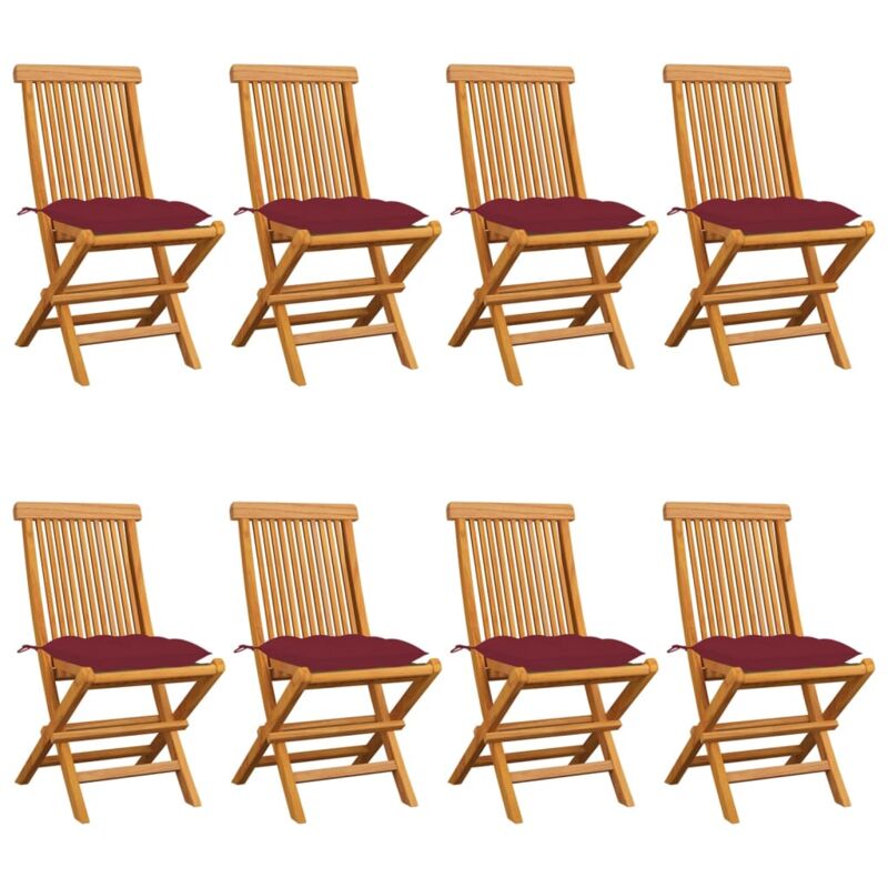 

vidaXL Sillas de jardín 8 uds madera de teca con cojines rojo tinto - Marrón
