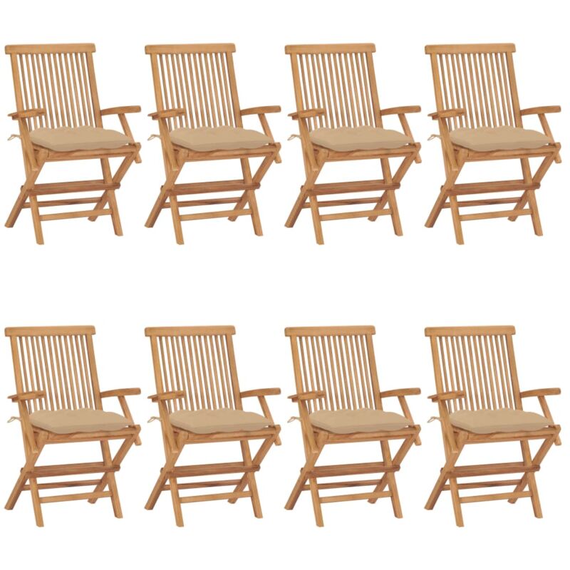 

vidaXL Sillas de jardín 8 uds madera maciza de teca con cojines beige - Marrón