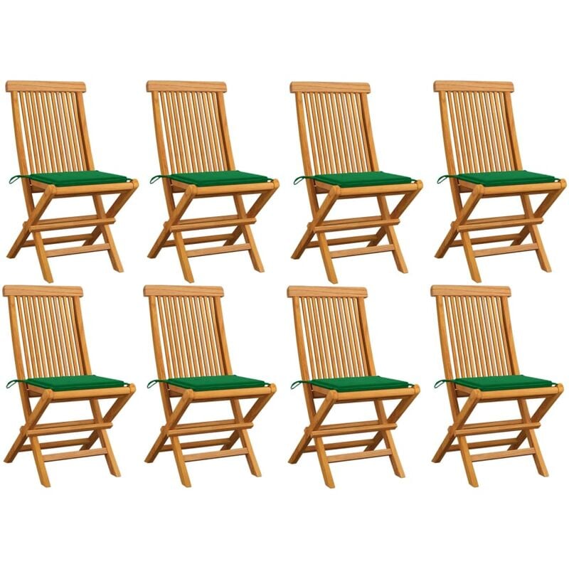 

vidaXL Sillas de jardín 8 uds madera maciza de teca con cojines verdes - Marrón