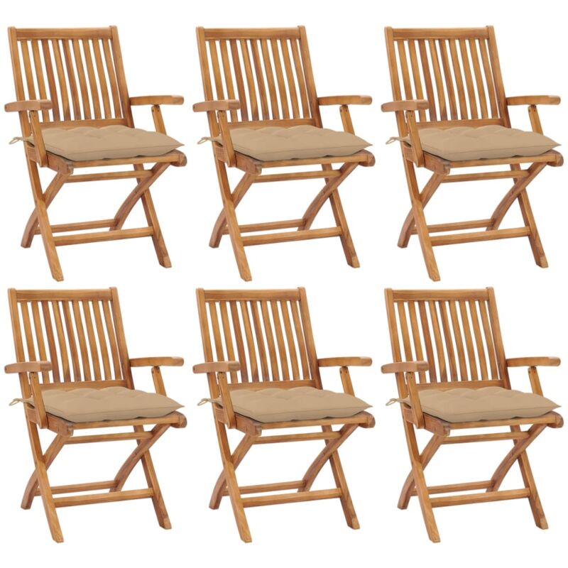 

vidaXL Sillas de jardín plegables 6 uds madera maciza teca con cojines - Marrón