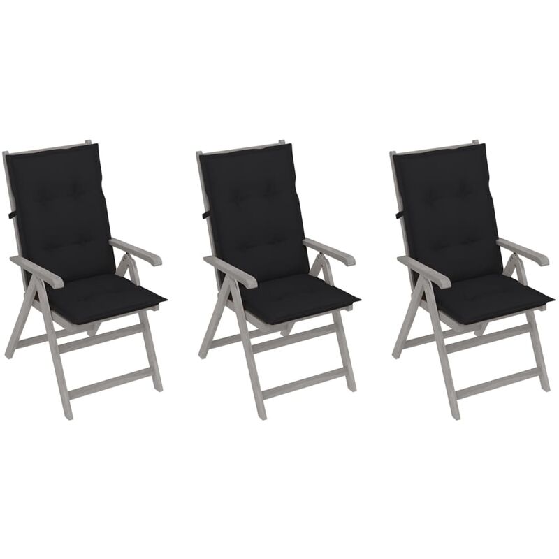 

vidaXL Sillas de jardín reclinables 3 uds madera maciza acacia cojines - Gris