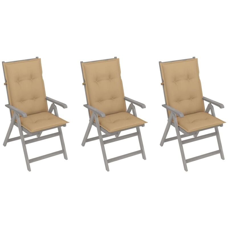 

vidaXL Sillas de jardín reclinables 3 uds madera maciza acacia cojines - Gris