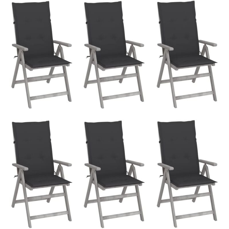 

vidaXL Sillas de jardín reclinables 6 uds madera maciza acacia cojines - Gris