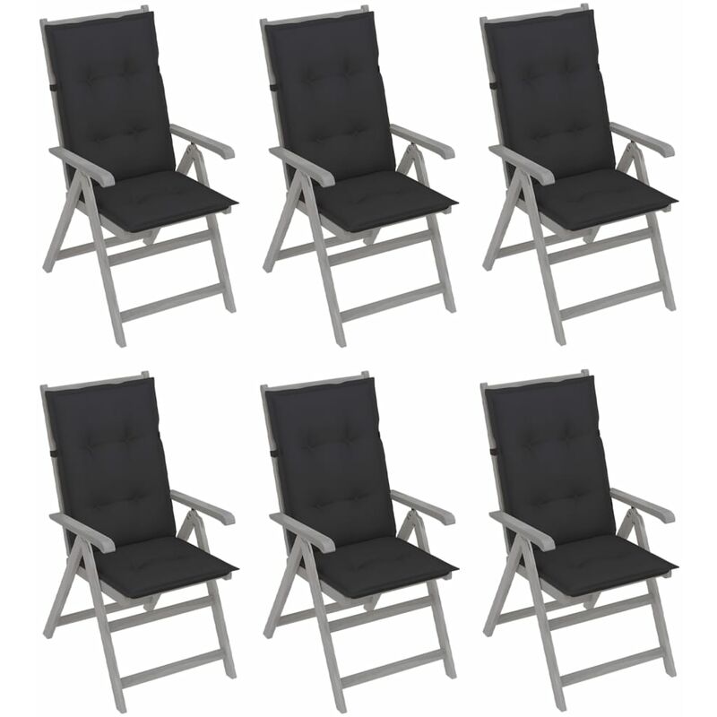 

vidaXL Sillas de jardín reclinables 6 uds madera maciza acacia cojines - Gris