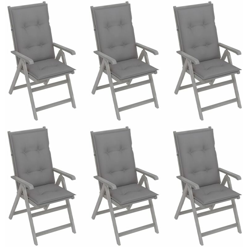 

vidaXL Sillas de jardín reclinables 6 uds madera maciza acacia cojines - Gris