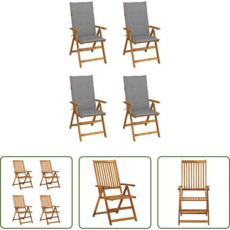 vidaXL Sillas de madera acacia -  Sillas de jardín reclinables 4 uds madera maciza acacia cojines