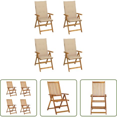 vidaXL Sillas de madera acacia -  Sillas de jardín reclinables 4 uds madera maciza acacia cojines