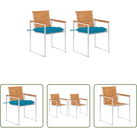 vidaXL Sillas de madera -  Sillas de jardín con cojines 2 uds madera maciza acacia y acero