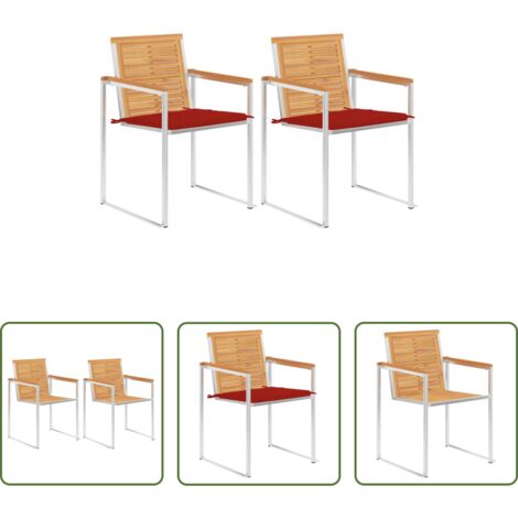 vidaXL Sillas de madera -  Sillas de jardín con cojines 2 uds madera maciza teca y acero