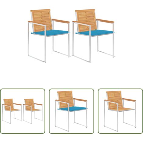 vidaXL Sillas de madera -  Sillas de jardín con cojines 2 uds madera maciza teca y acero