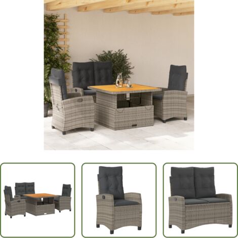 vidaXL Sillas reclinables -  Juego de comedor de jardín 4 piezas con cojines ratán PE gris