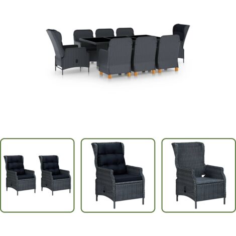 vidaXL Sillas reclinables -  Set comedor jardín 9 piezas cojines ratán sintético gris oscuro