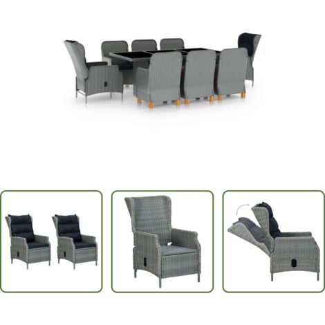 vidaXL Sillas reclinables -  Set comedor jardín 9 pzas y cojines ratán sintético gris claro
