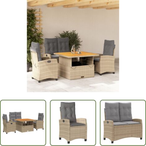 vidaXL Sillas reclinables -  Set de comedor jardín con cojines 4 pzas ratán sintético beige