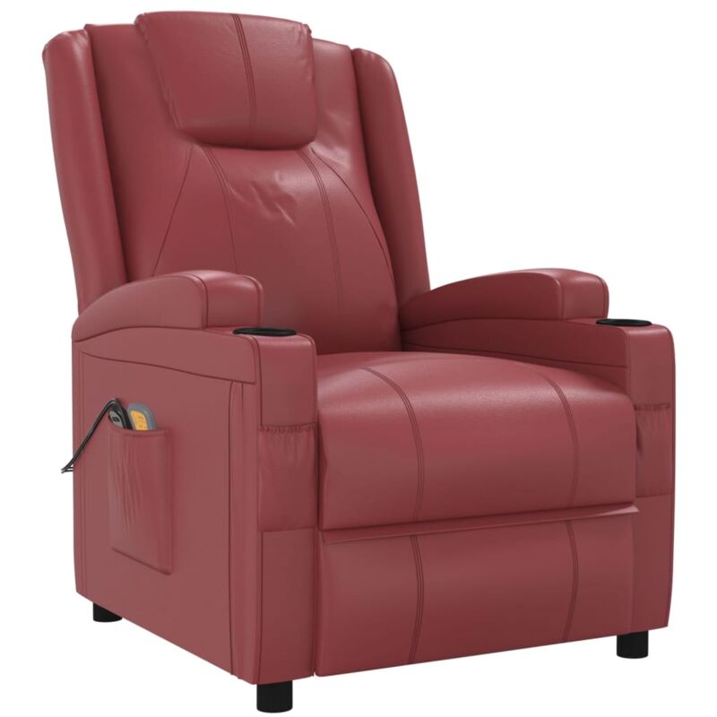 

vidaXL Sillón de masaje eléctrico reclinable de cuero sintética rojo tinto - Rojo