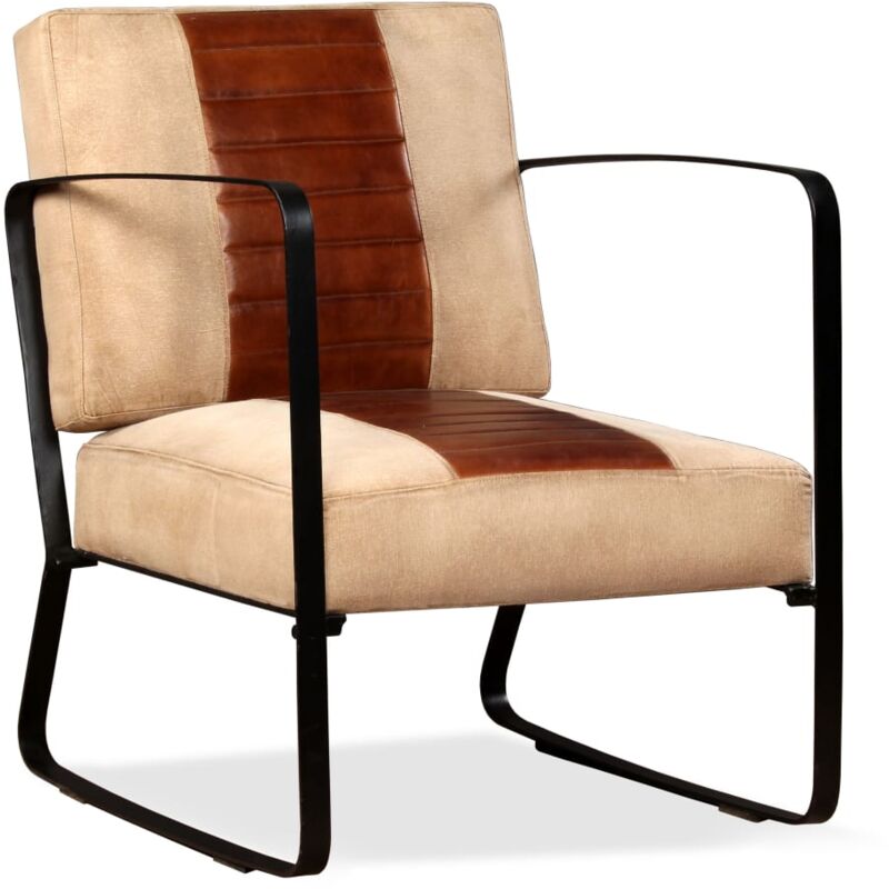 

Sillón de Cuero Auténtico y Lona Marrón y Crema - Marrón - Vidaxl