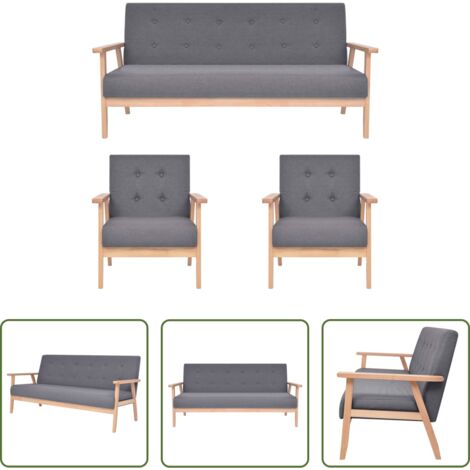 vidaXL Sillón de madera -  Juego de sofás de 3 piezas tela gris oscuro