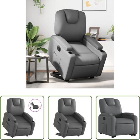 vidaXL Sillón para personas mayores -  Sillón reclinable elevable eléctrico de cuero sintético gris