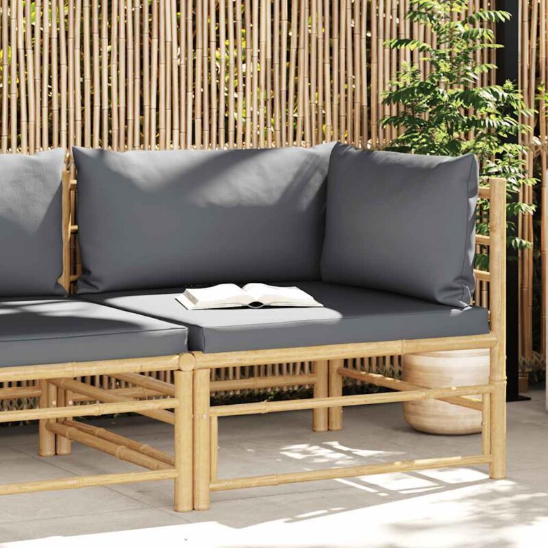 

vidaXL Sofá de esquina para jardín de bambú con cojines gris oscuro - Marrón