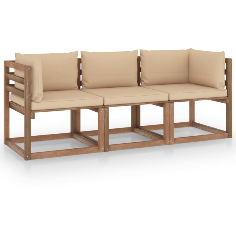 

vidaXL Sofá de palets de jardín 3 plazas cojines beige madera de pino - Marrón