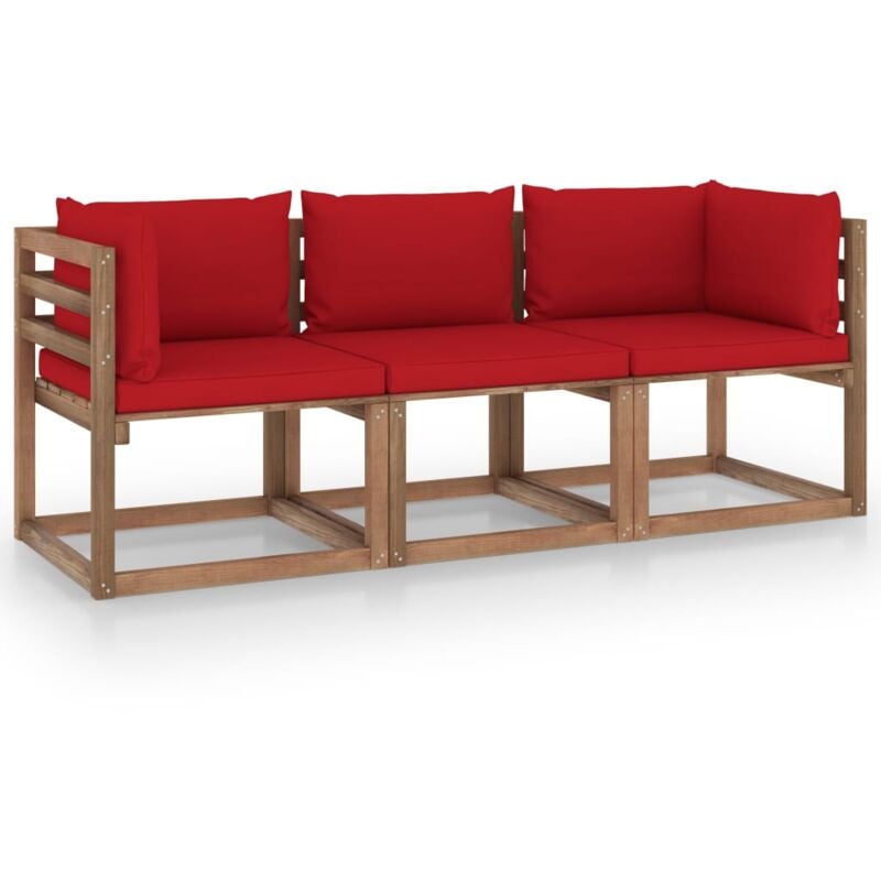 

vidaXL Sofá de palets de jardín 3 plazas cojines rojo madera de pino - Marrón