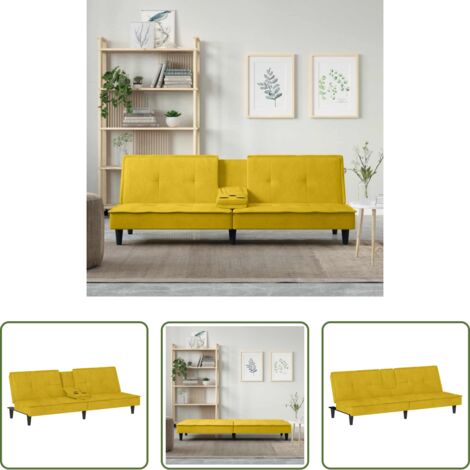 vidaXL Sofá cama amarillo -  Sofá cama con portavasos terciopelo amarillo