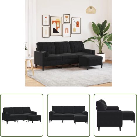 vidaXL Sofá con reposapiés -  Sofá de 3 plazas con taburete de terciopelo negro 180 cm