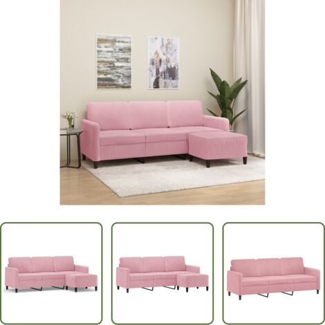 vidaXL Sofá con taburete -  Sofá de 3 plazas con taburete de terciopelo rosa180 cm