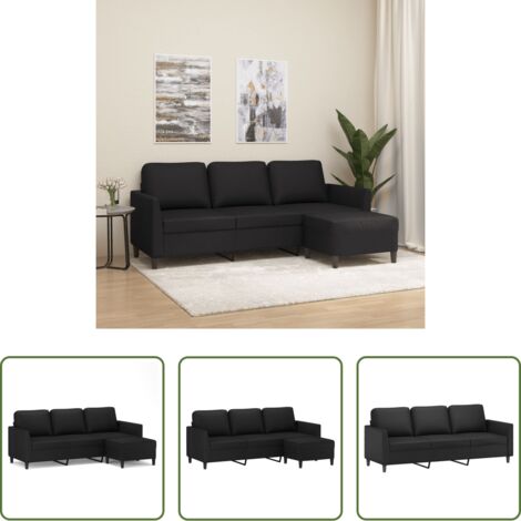 vidaXL Sofá cuero sintético -  Sofá de 3 plazas con taburete cuero sintético negro 180 cm