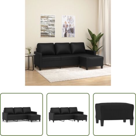 vidaXL Sofá cuero sintético -  Sofá de 3 plazas con taburete cuero sintético negro 180 cm