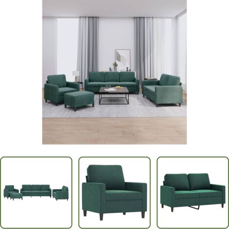 vidaXL Sofá de 2 plazas -  Juego de sofás 4 piezas terciopelo verde oscuro
