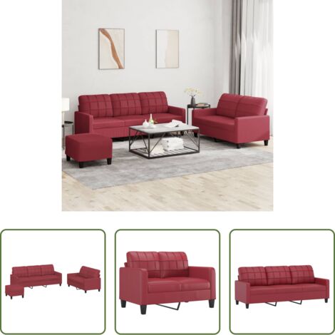 vidaXL Sofá de 2 plazas -  Juego de sofás con cojines 3 piezas cuero sintético rojo tinto