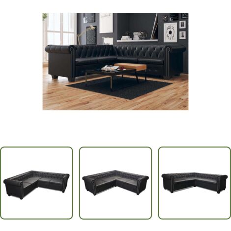 vidaXL Sofá de 5 plazas -  Sofá de esquina Chesterfield 5 plazas cuero artificial negro