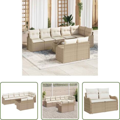 vidaXL Sofá de exterior -  Conjunto de sofá de jardín 9 pcs Beige ratán sintético