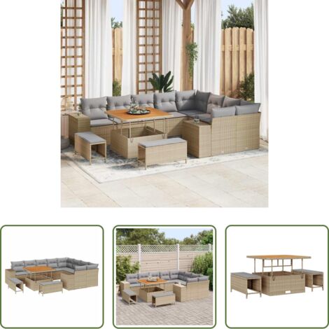 vidaXL Sofá de jardín beige -  Conjunto de sofá de jardín 12 pcs Beige ratán sintético