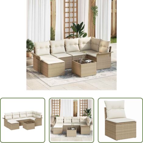 vidaXL Sofá de jardín beige -  Conjunto de sofá de jardín 7 pcs Beige ratán sintético