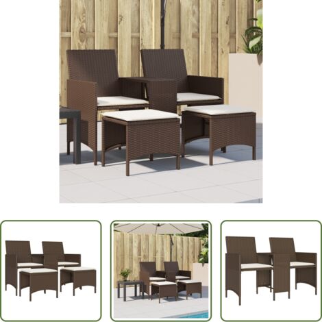 vidaXL Sofá de jardín con mesa -  Sofá de jardín 2 plazas con mesa y taburetes ratán PE marrón