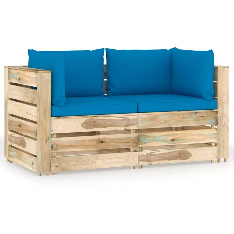 

vidaXL Sofá de jardín de 2 plazas con cojines madera impregnada verde - Azul