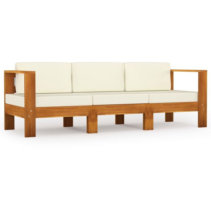 

vidaXL Sofá de jardín de 3 plazas con cojín crema madera maciza acacia - Marrón