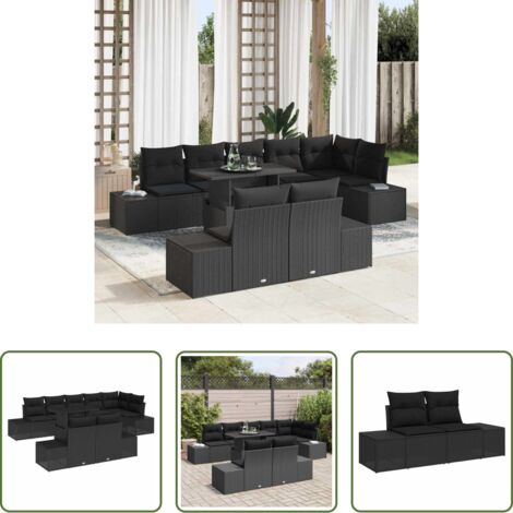 vidaXL Sofá de jardín negro -  Conjunto de sofá de jardín 9 pcs Negro Poliratán
