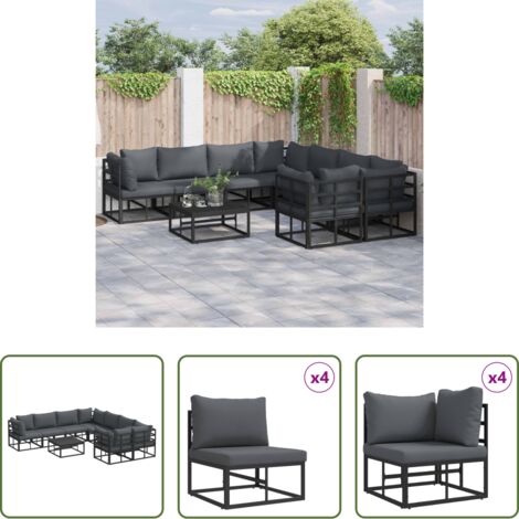 vidaXL Sofá de jardín negro -  Conjunto de sofás de jardín con cojín 9 pcs Negro Acero