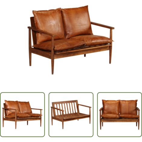 vidaXL Sofá de madera -  Sofá de 2 plazas cuero auténtico con madera de acacia marrón
