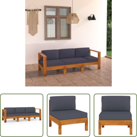 vidaXL Sofá de madera -  Sofá de jardín 3 plazas con cojín gris oscuro madera de acacia