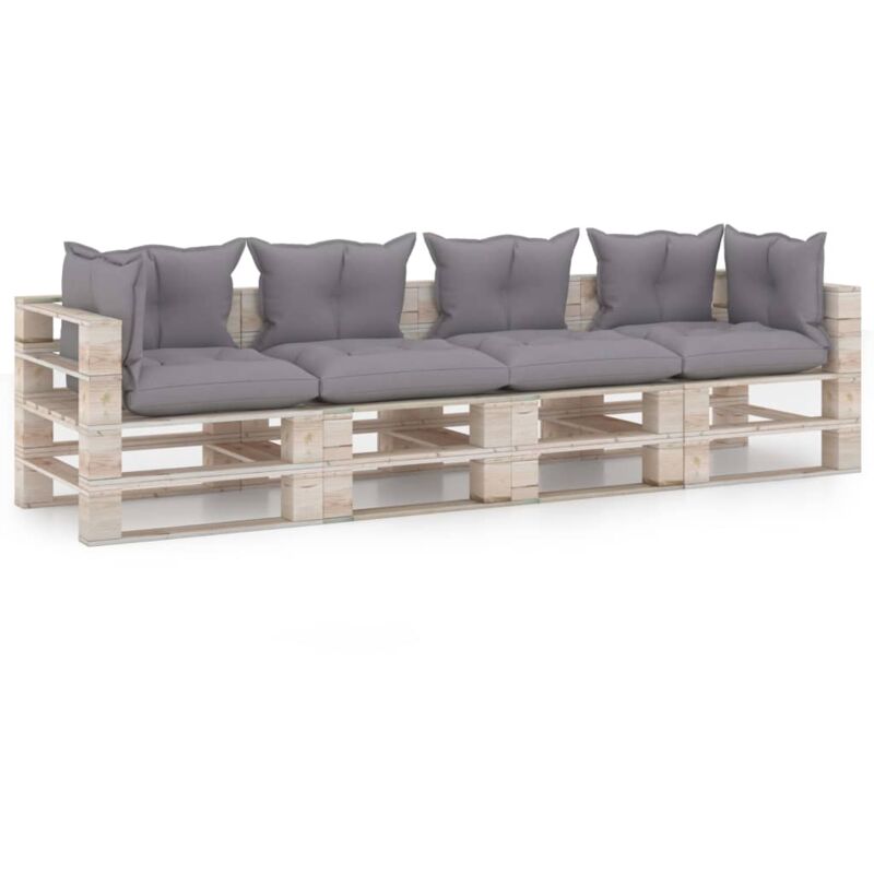 

vidaXL Sofá de palés de 4 plazas para jardín con cojines madera pino - Gris